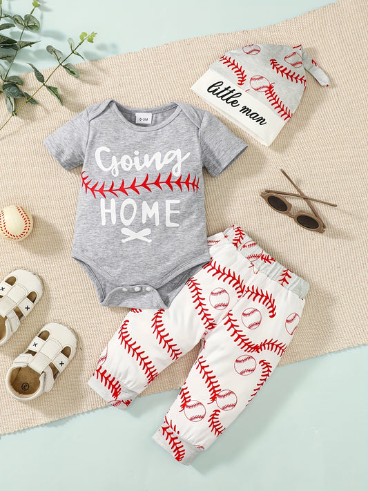3pcs Newborn Infant "GOING HOME" Graphic Bodysuit Onesies & Elastic Waist Baseball Graphic Pants & Hat Set, Baby Boys Toddler Summer Clothes